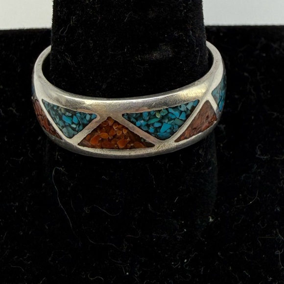 Other - Vintage Southwestern Style Turquoise & Coral Inlay Band Ring Size 11.5 Unmarked